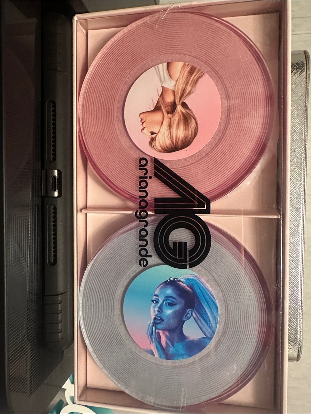 Ariana Grande Pink and Silver coasters with Artist Disc Labels